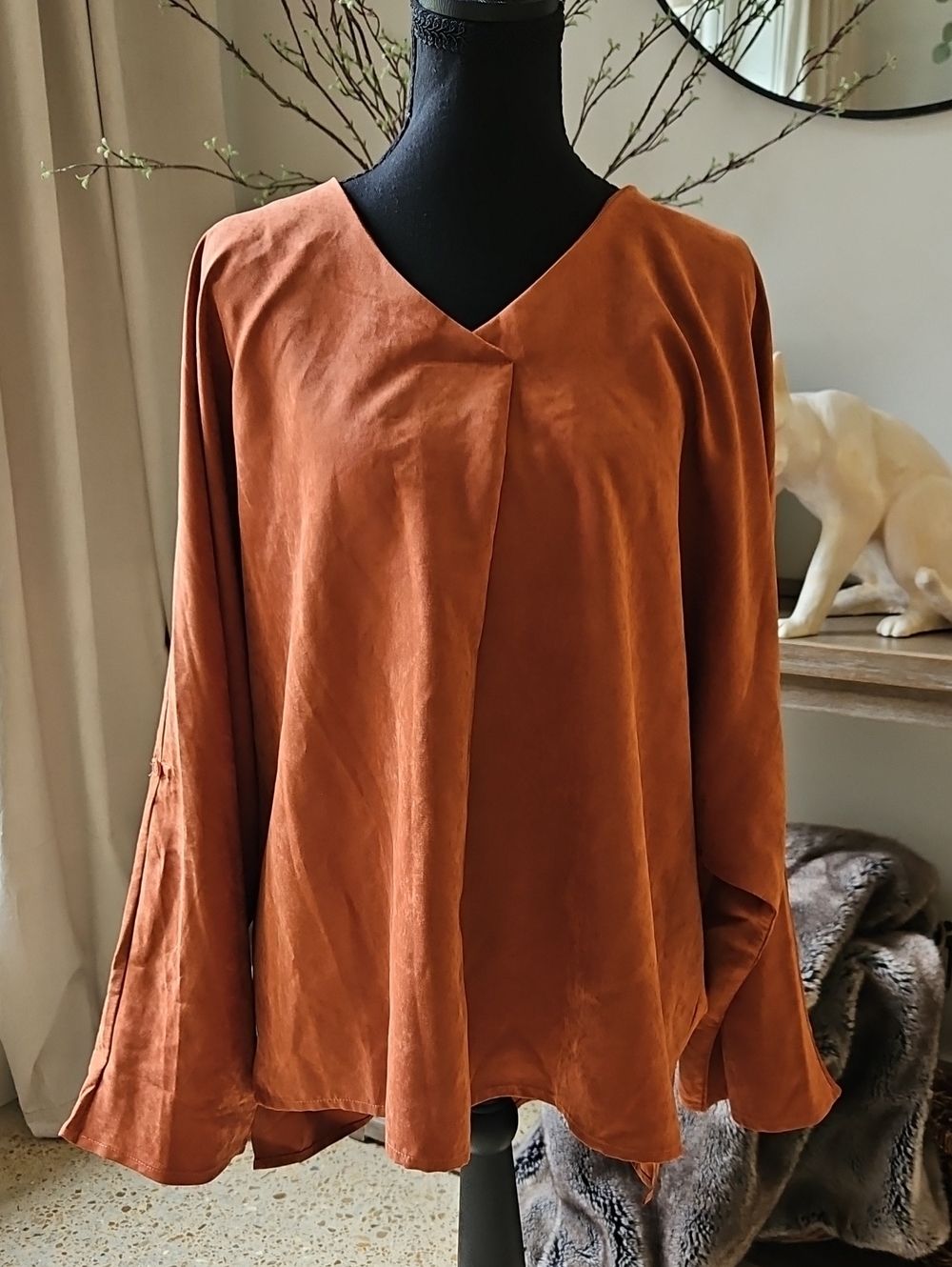 Relaxed Rust V-Neck Long-Sleeve Tunic